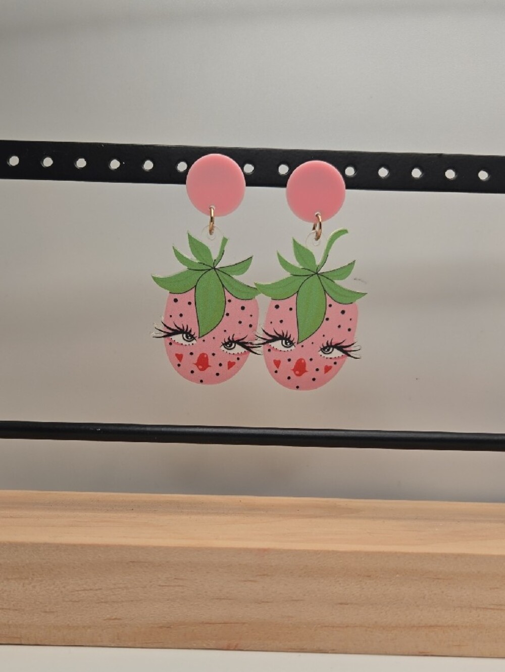 Cute Pink Strawberry Face Drop Earrings - Picture 2 of 5